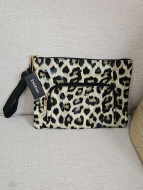 bebe Leopard Print Wristlet Clutch in Black and Cream